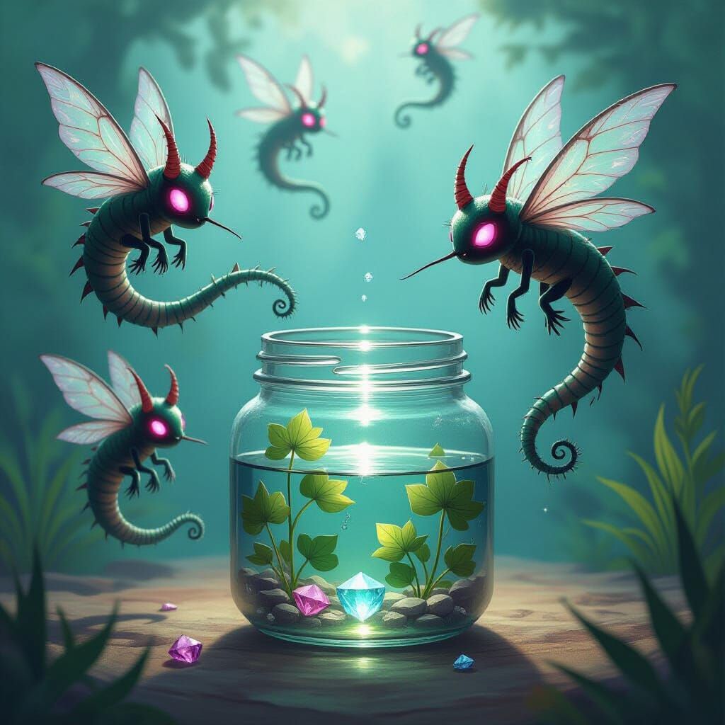 Shadow Fairies With Glowing Eyes Swim Around Gemstone Jar
