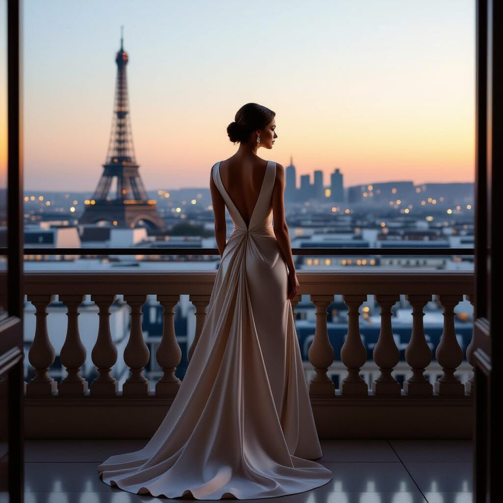 Chic Woman on Parisian Balcony at Dawn