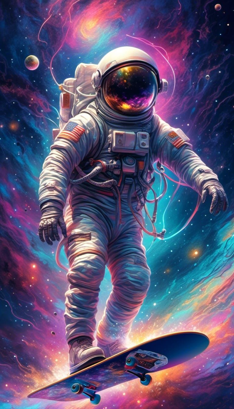 Astronaut Skateboarding Through a Vibrant Galaxy