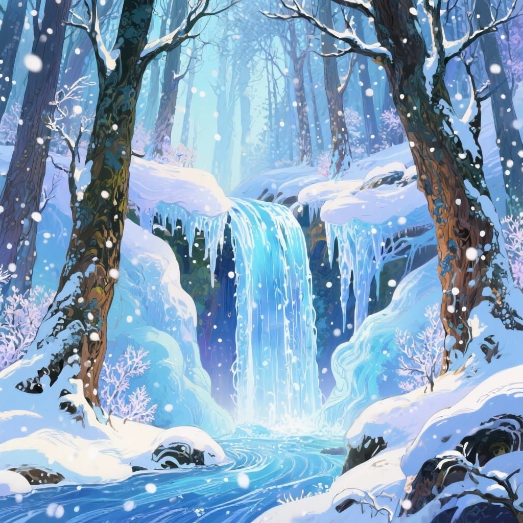 Magical Winter Forest Frozen Waterfall Illustration