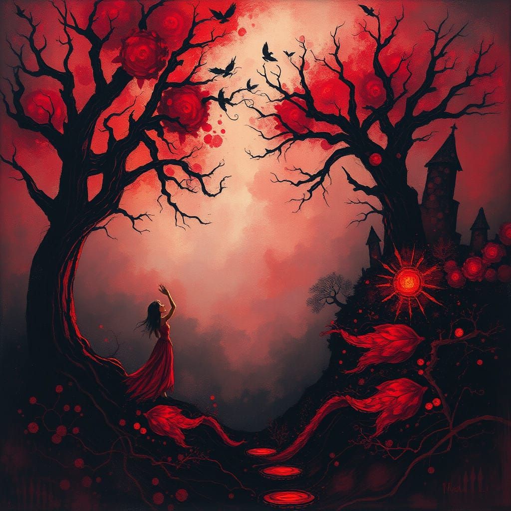 Dreamlike Crimson Scene with Fantastical Details