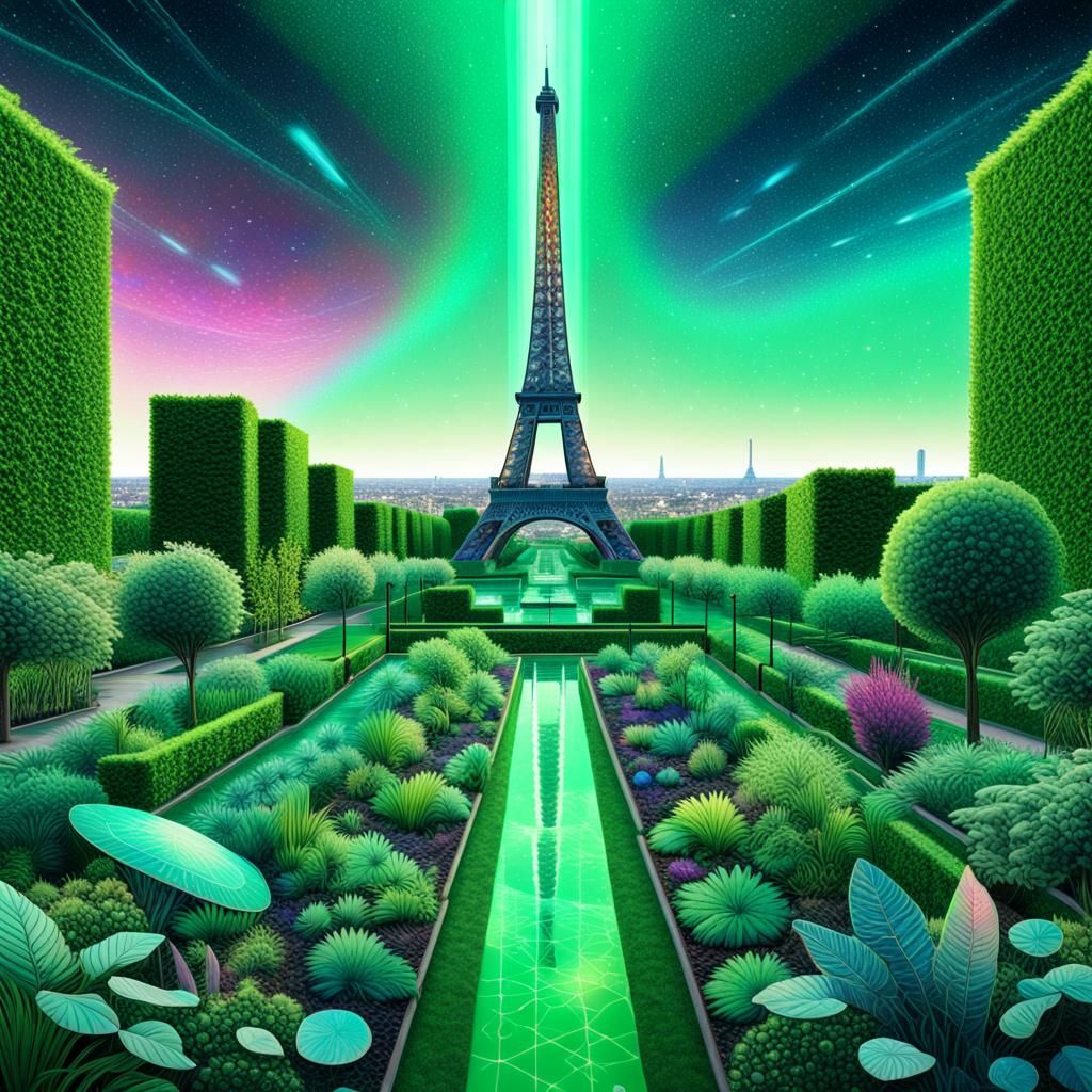 Urban Garden with Eiffel Tower: Cosmic Illustration