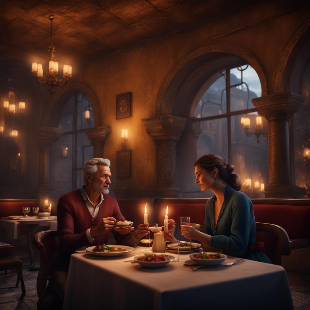 Cozy Italian Restaurant Dinner: Detailed Matte Painting