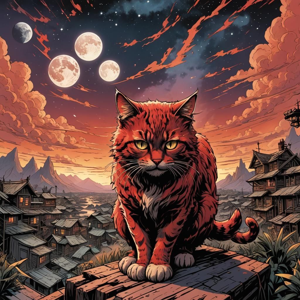 Surreal Red Sky with Raging Cat in Comic Art