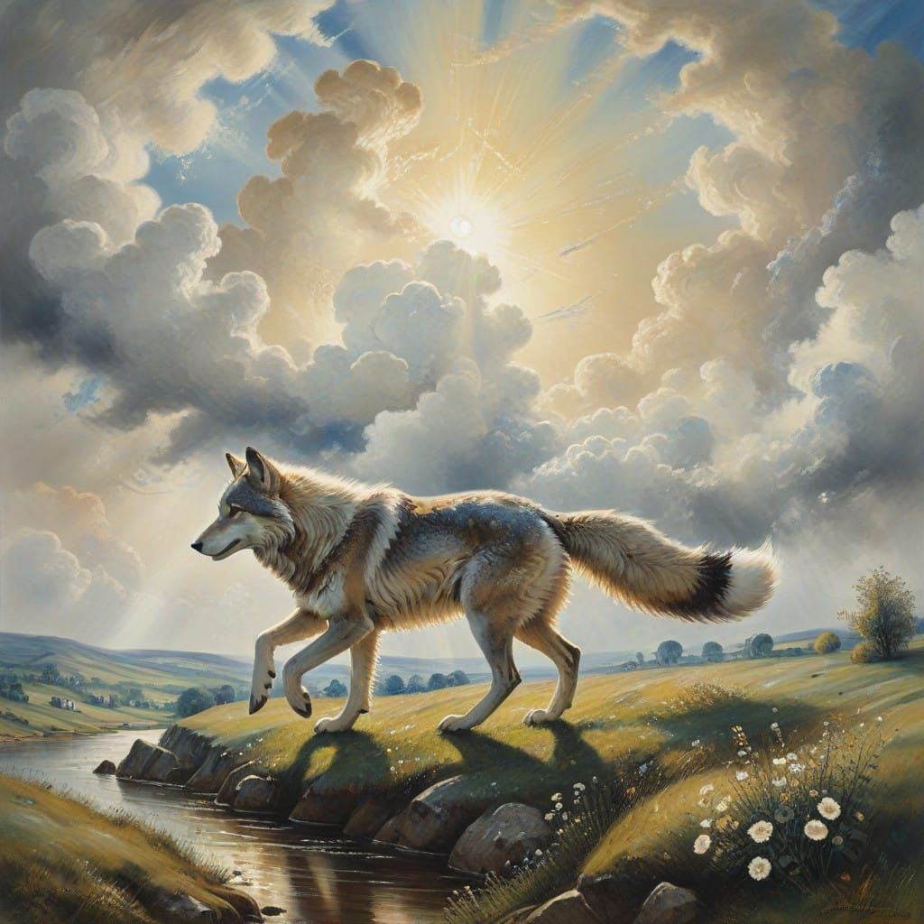 Wolf and Fox Running on Clouds in Impressionistic Style