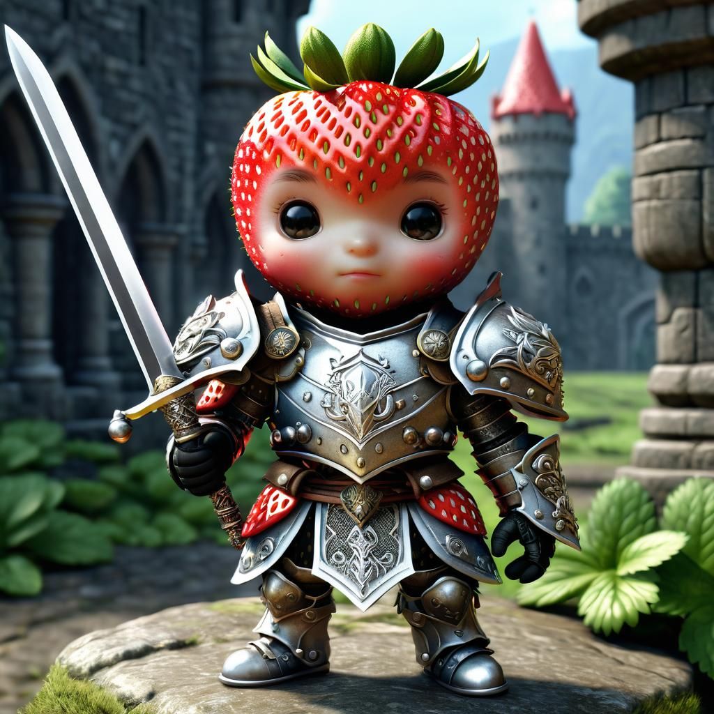 Chibi Strawberry Warrior in Ornate Armor