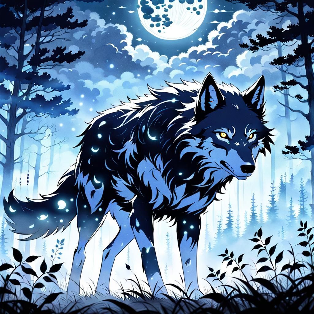 Shadow Wolf Hybrid in Moonlit Mist: Anime Style