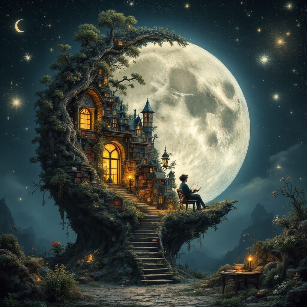 Surreal Library of Silver Moonlit Wonders