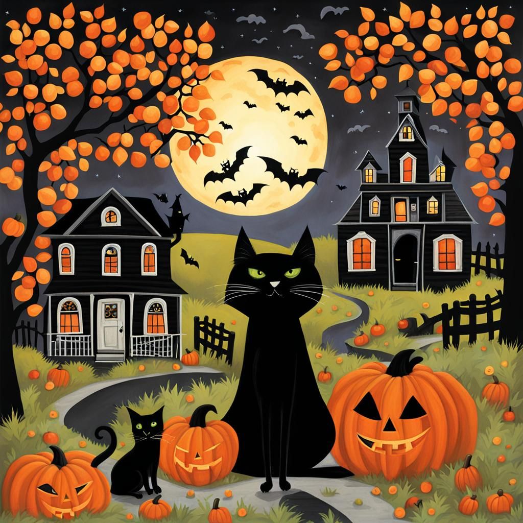 Vibrant Halloween Night in Naive Folk Art Style