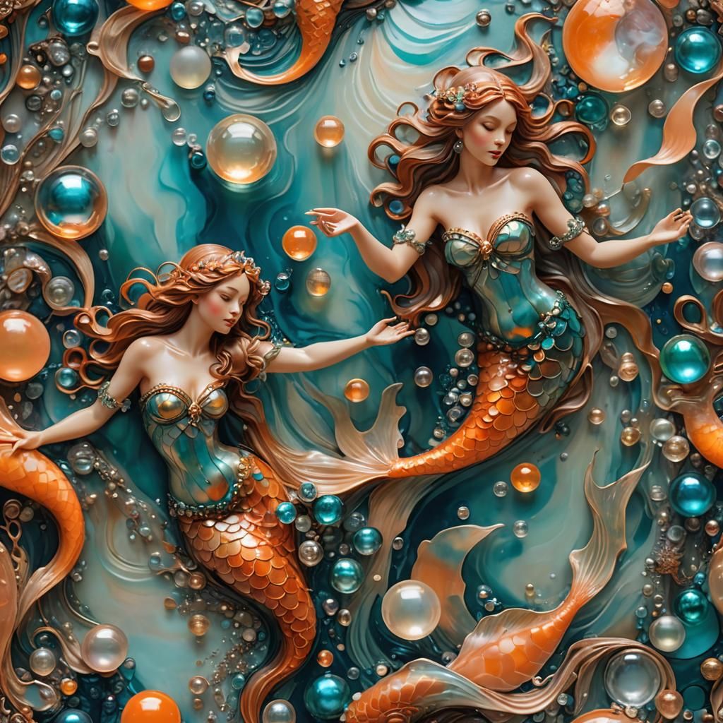 Ethereal Mermaids Floating in Mixed Media Art