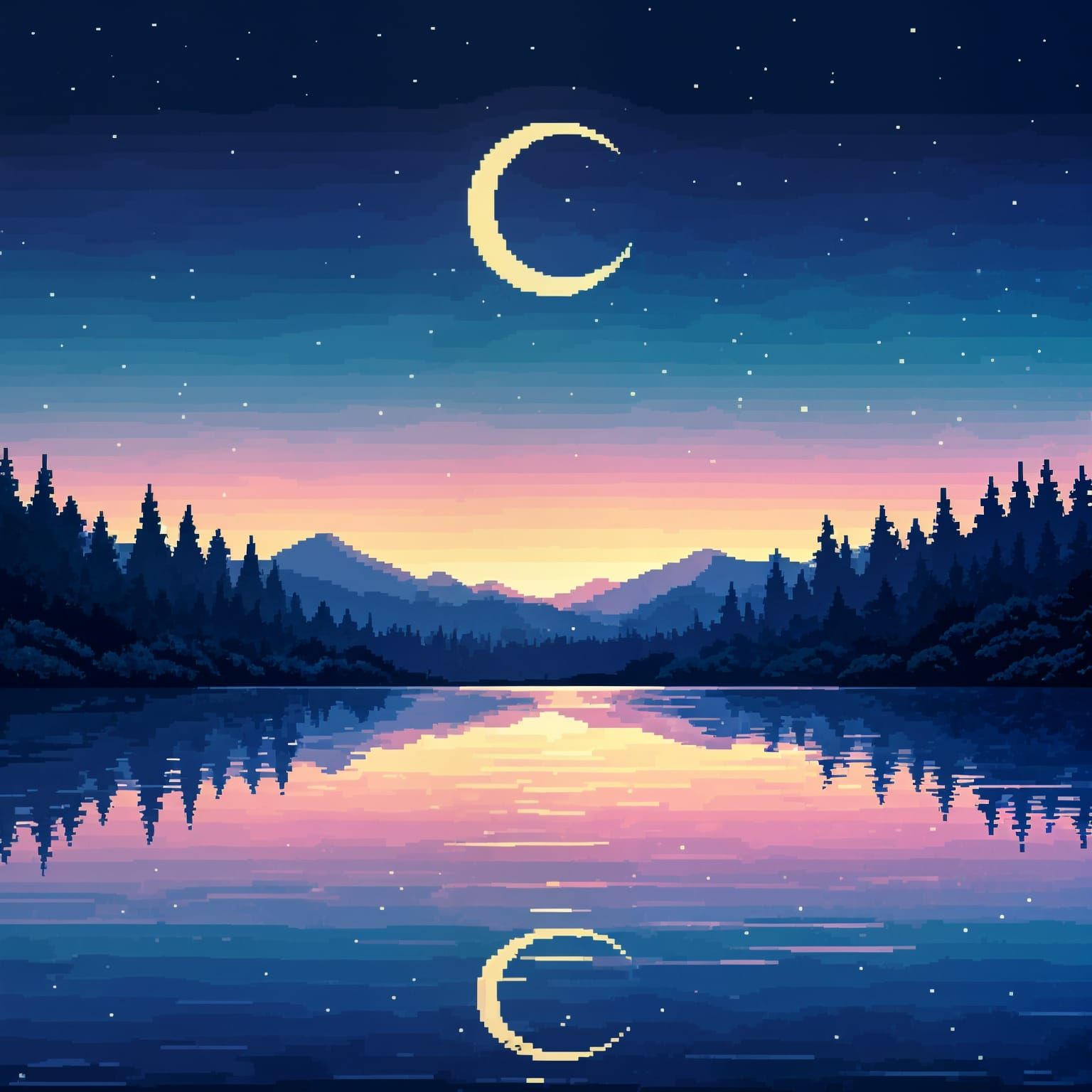 Starry Night Pixel Art Lake Reflection