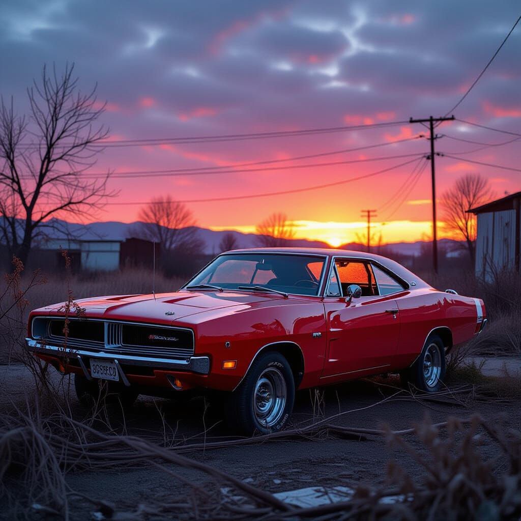 Abandoned 1969 Dodge Charger in Junkyard Sunset
