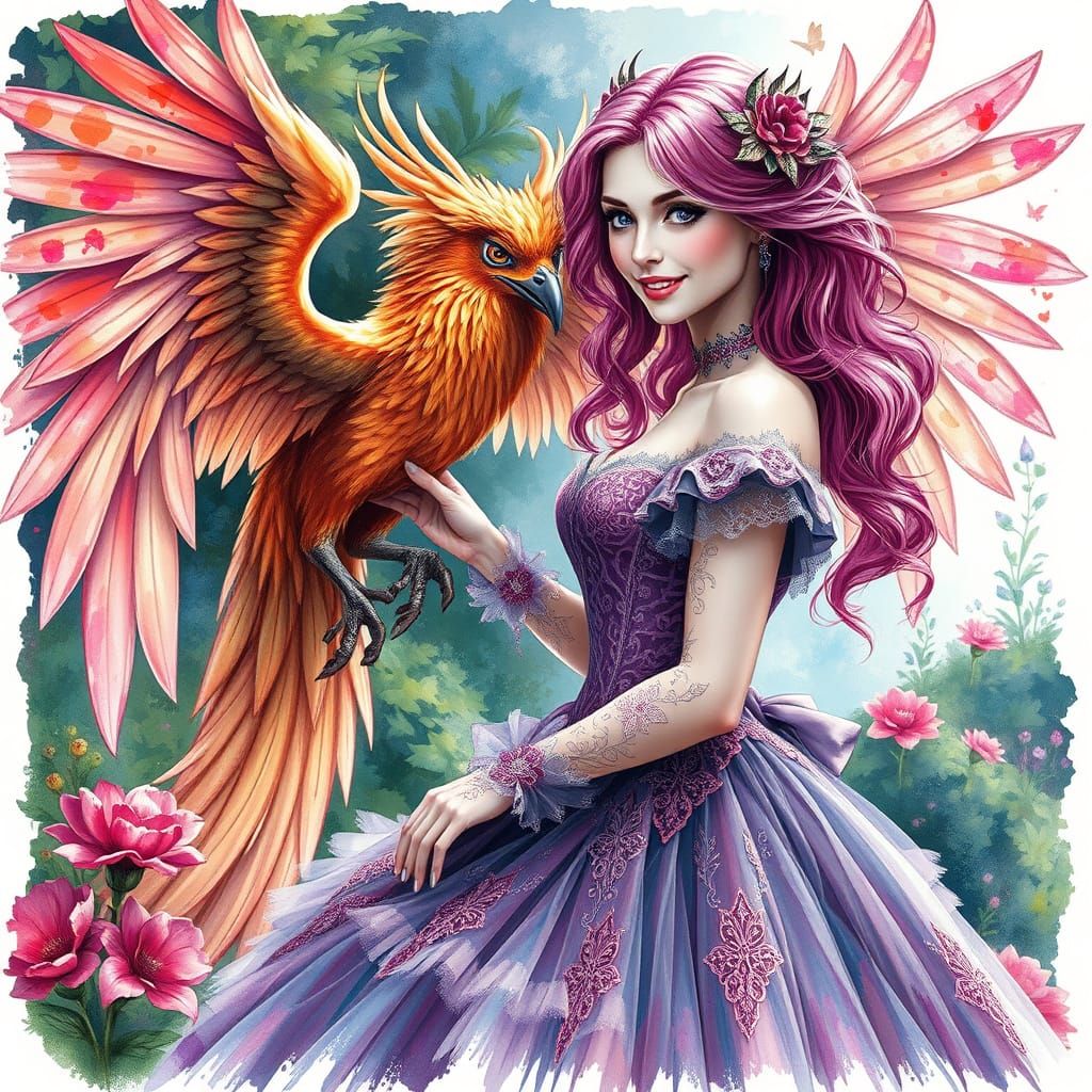 Woman and Phoenix in Lush Garden, Alcohol Ink Style