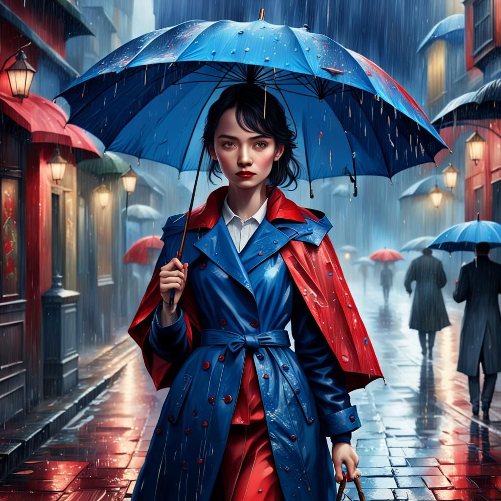 Woman with Umbrella in Rainy Oil Painting