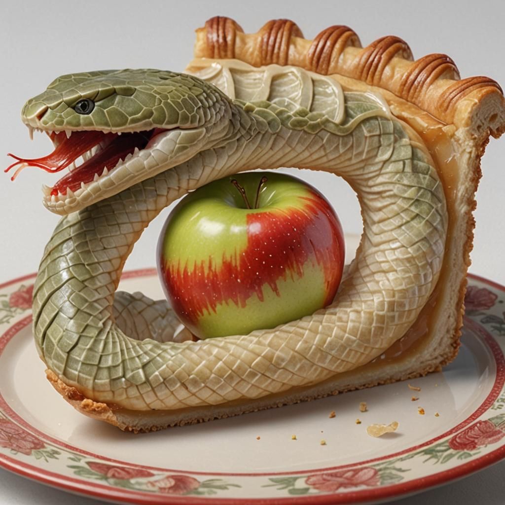Hyperrealistic Pie Slice with Snake and Apple