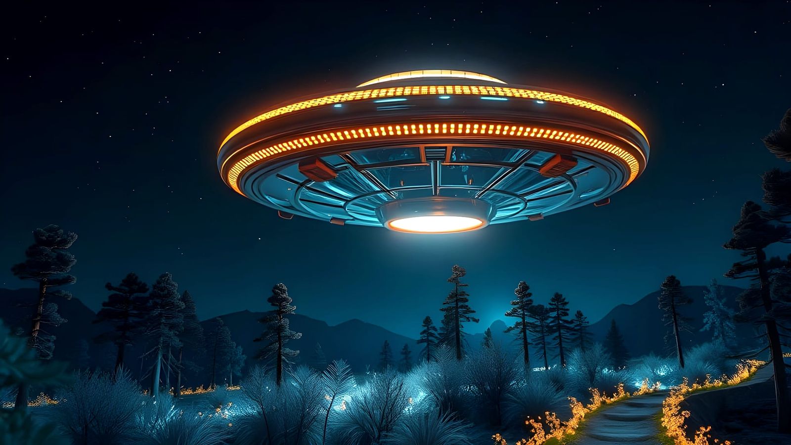 Surreal Futuristic Scene with Flying Saucer and Bioluminesce...