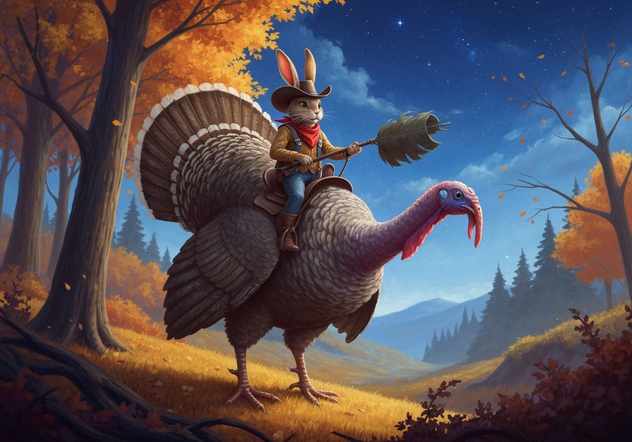 Cowboy Rabbit Rides Giant Turkey Through Autumn Forest