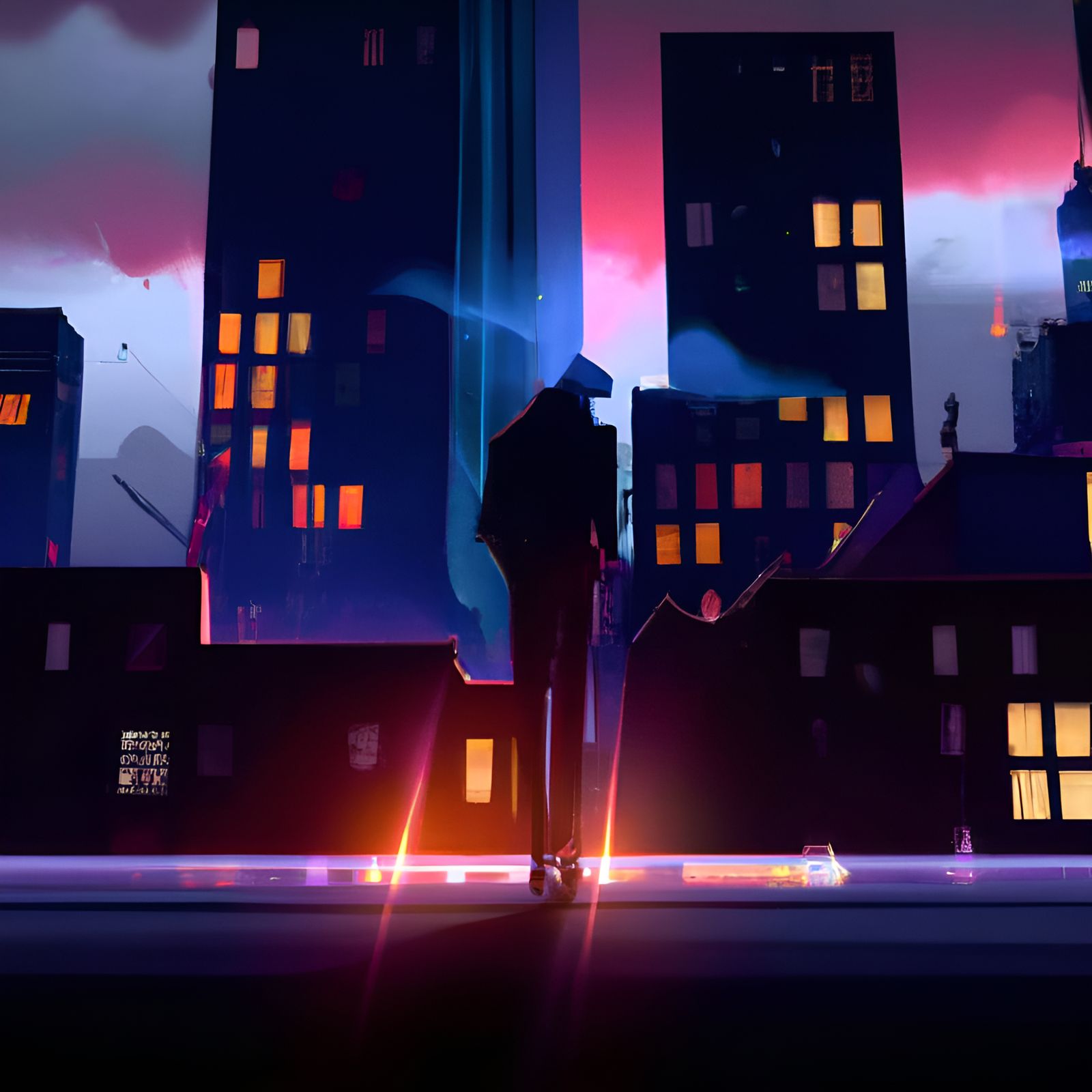 Silhouette of Man Walking at Night in Ghibli Style