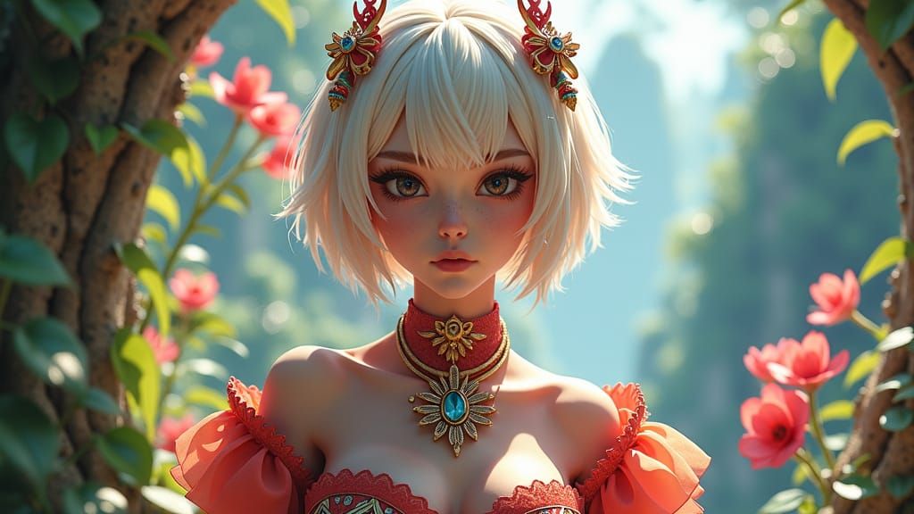 Platinum Blonde Figure in Lush Fantasy Setting