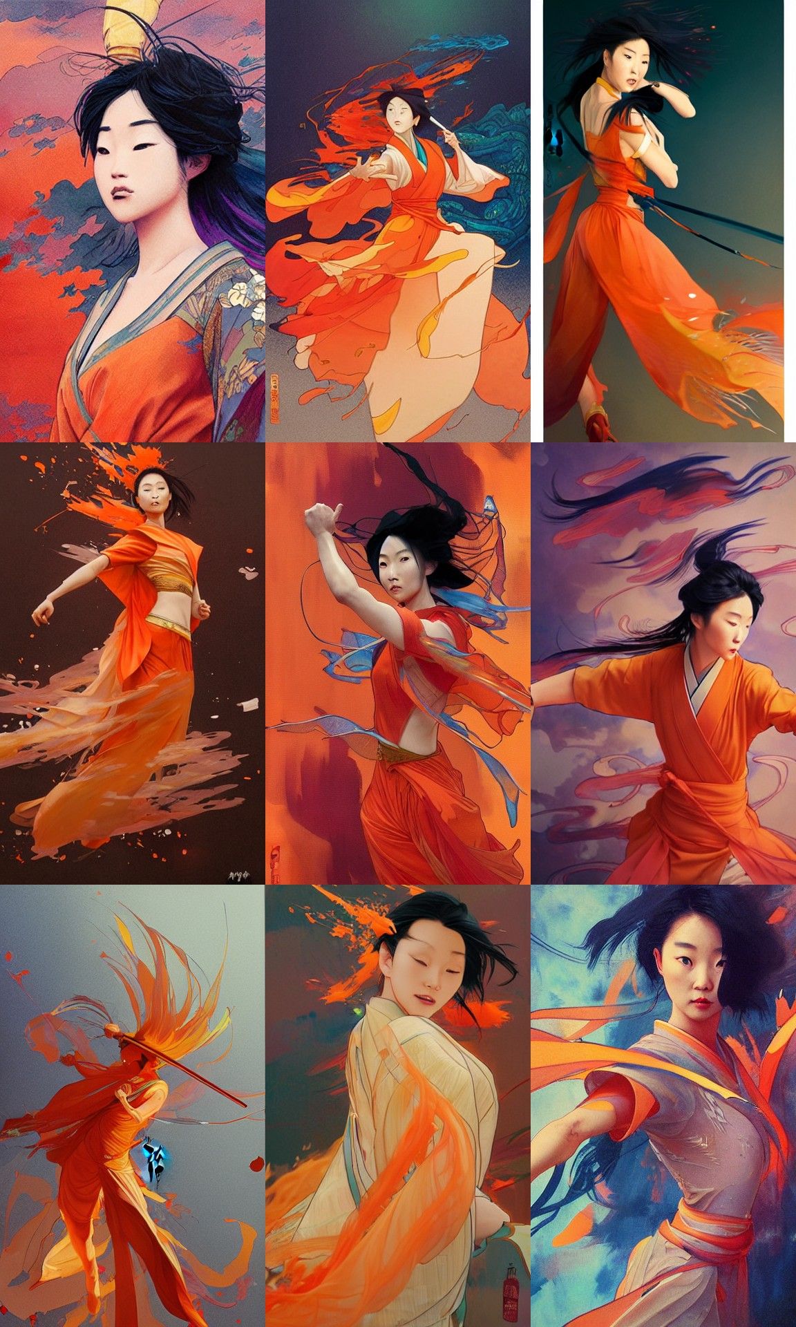 Mulan in Motion with Orange Aura, Digital Art