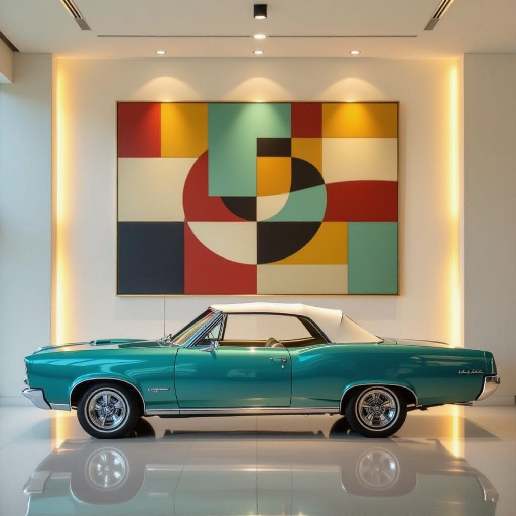 Teal 1966 Pontiac GTO in Lavish Room with Art Deco Painting
