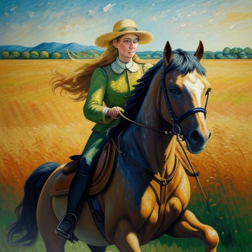 Blonde Woman on Horseback Neo-Impressionist Oil Painting