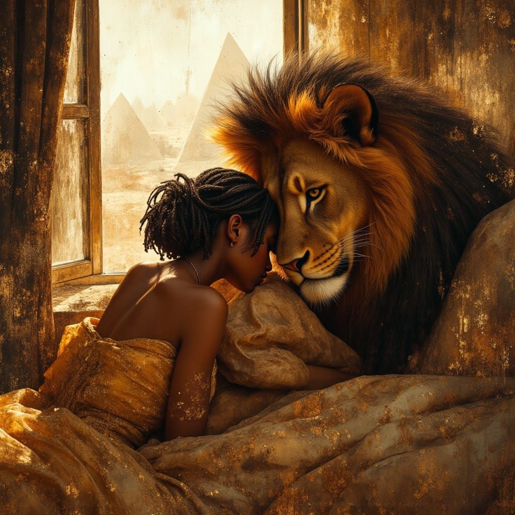 Egyptian Princess Cuddles Majestic Lion in Luxurious Bedroom