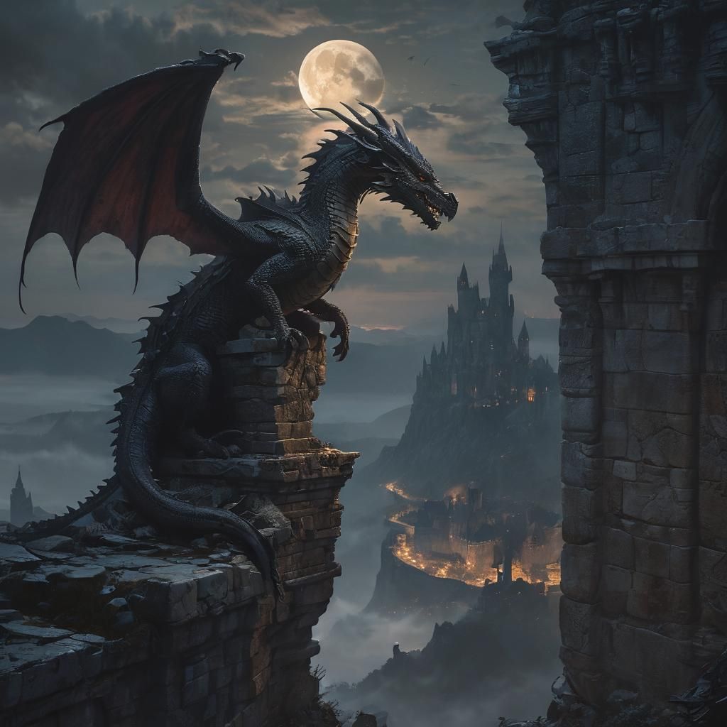 Medieval Dragon Perched on Ruined Castle Wall