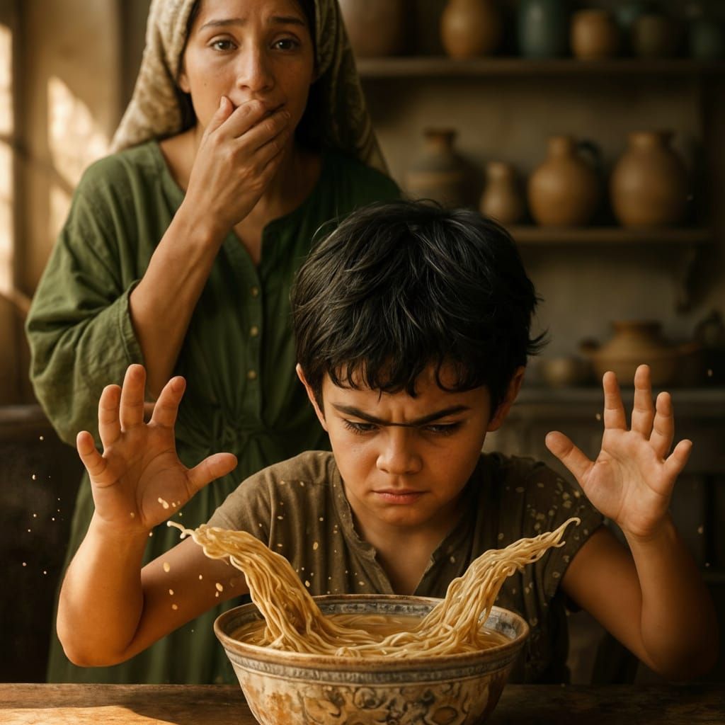 Young Moses Parts Noodle Soup in Ancient Kitchen