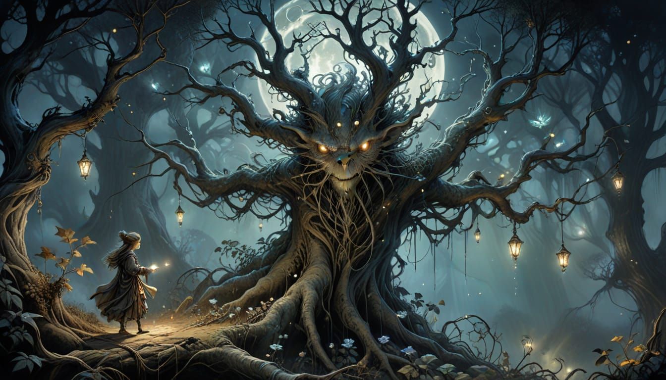 Moonlit Spiderweb Tree in Dark Fantasy Style