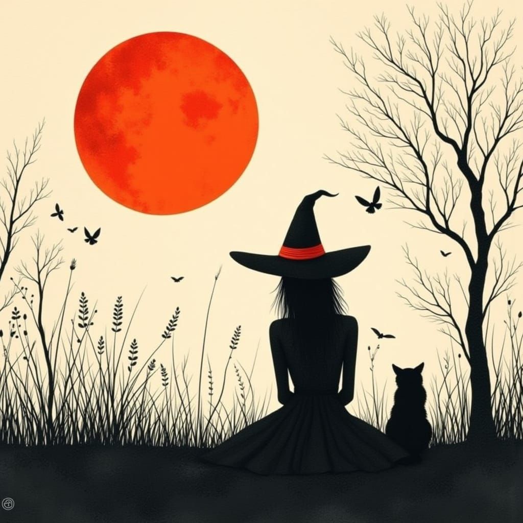 Minimalist Witch Silhouette Under Blood Moon