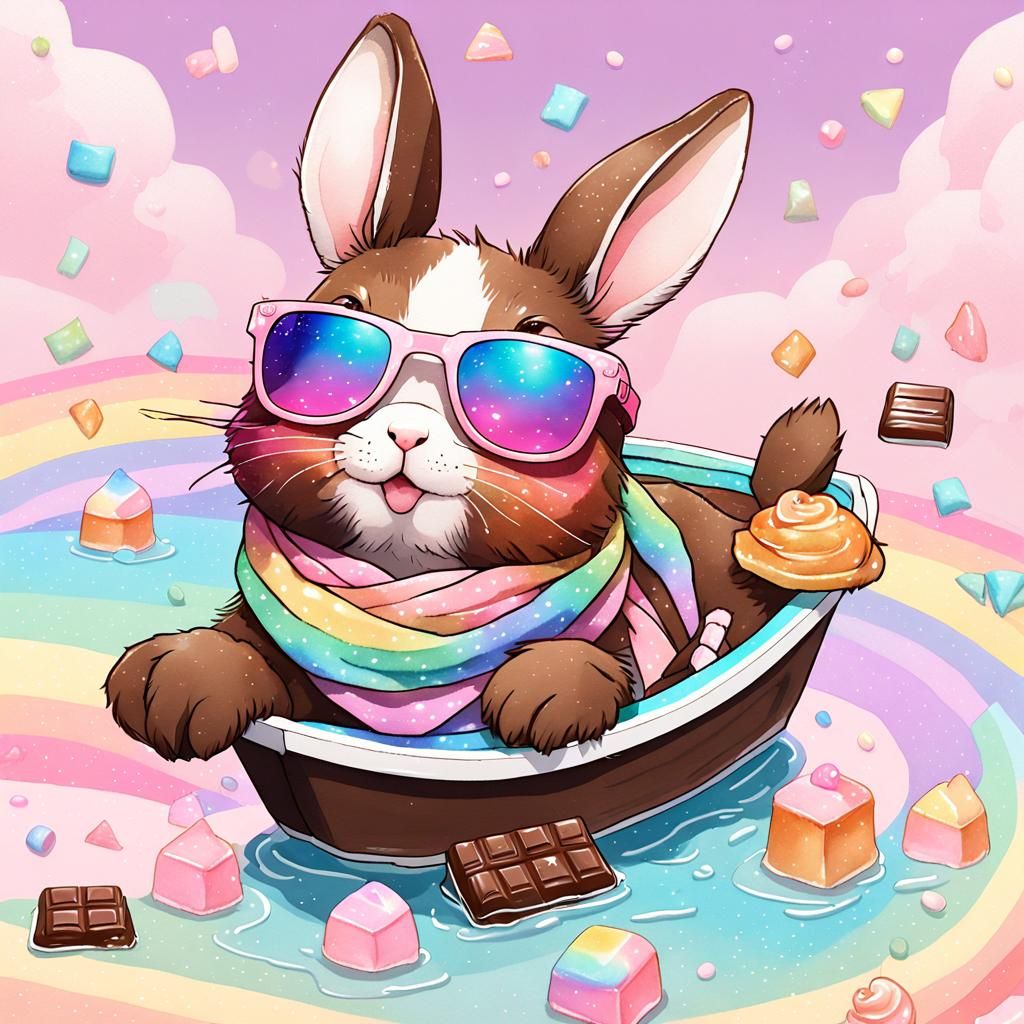 Kawaii Rabbit on Chocolate River, in Watercolor Style