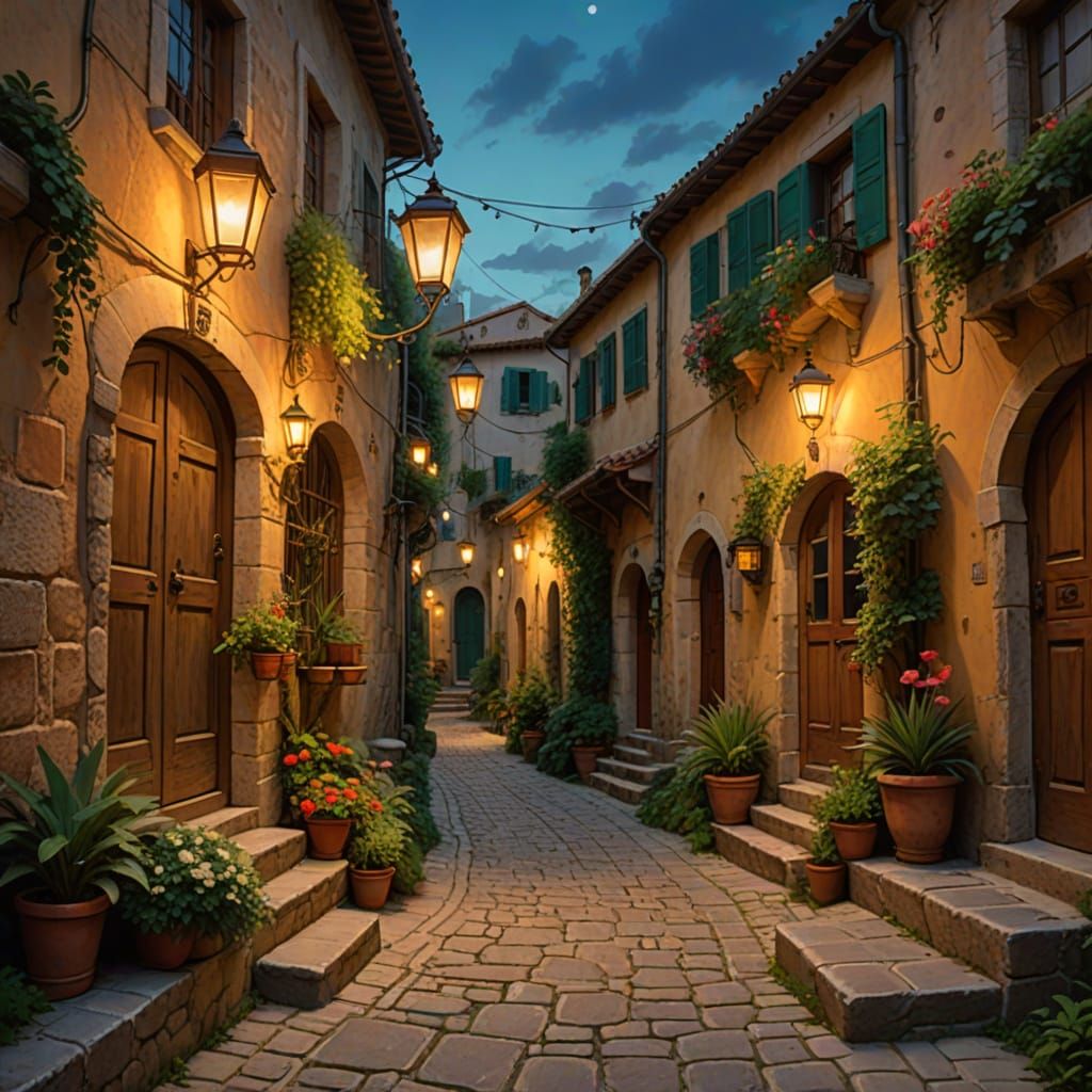 Magical Mediterranean Village Alleyway in Studio Ghibli Styl...