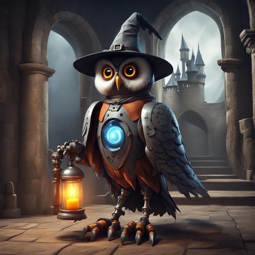 Robotic Owl Witch in Castle, HD Rendering