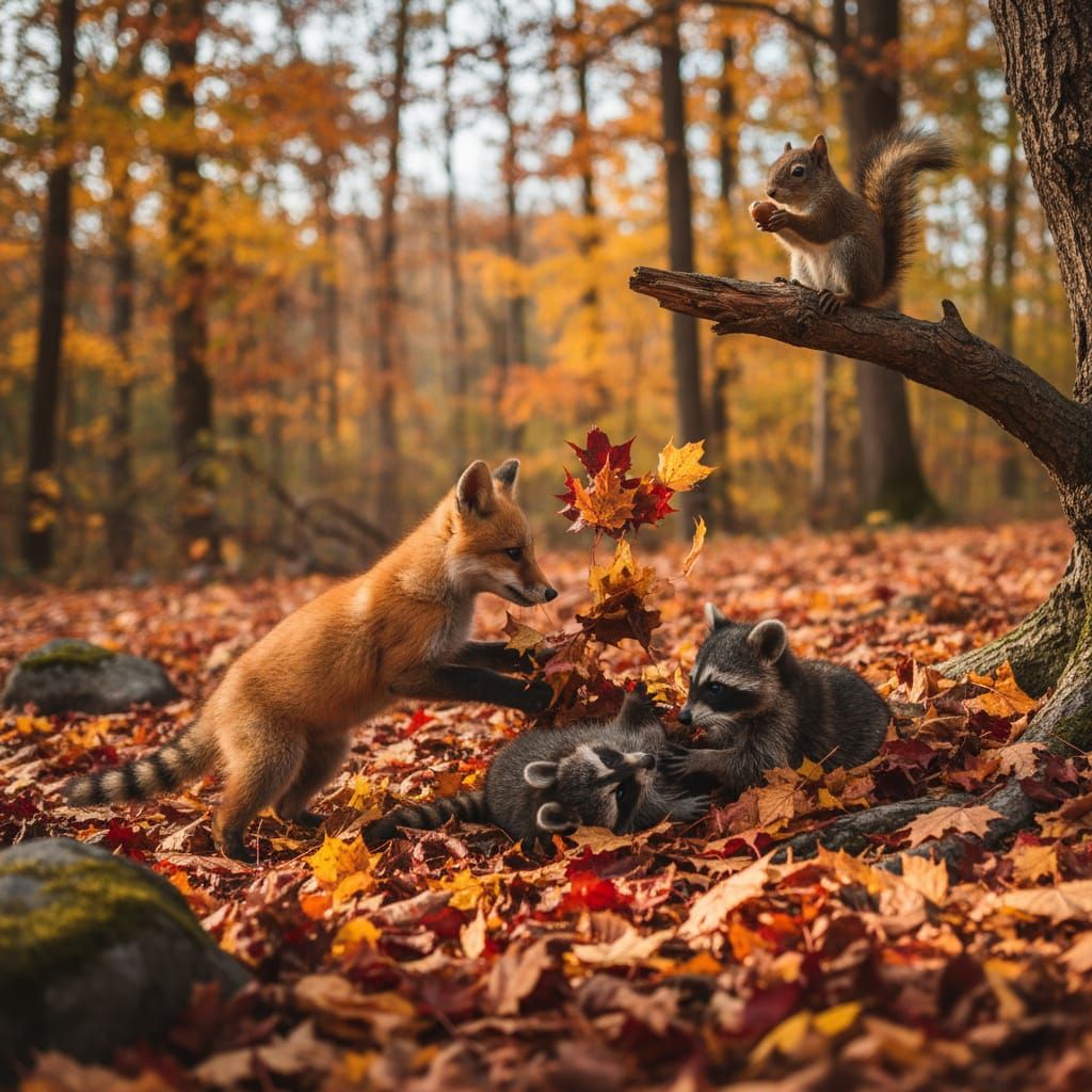 Cute Animals Playing in Autumn Leaves