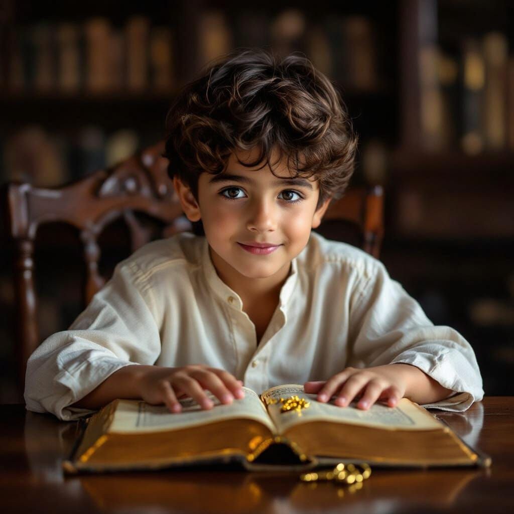 Boy with Golden Book and Key, Photorealistic Lighting