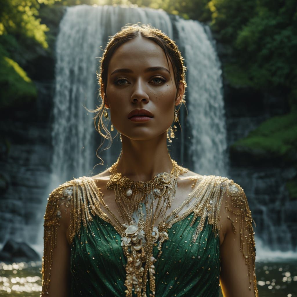 Woman Walking Through Waterfall in Oil Painting Style