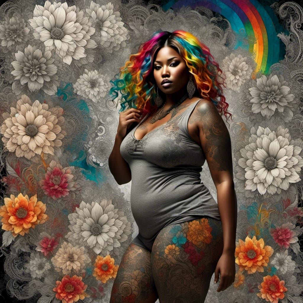 Curvy Woman with Floral Tattoos in Dreamy Fractal Style