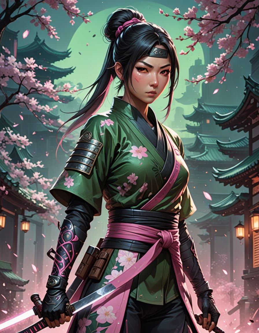 Anime Ninja Girl with Katana in Floral Suit