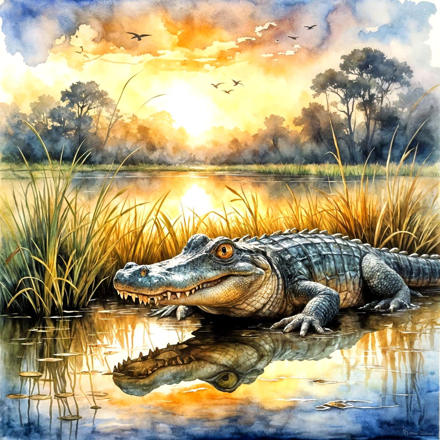 A watercolor painting of a majestic American Alligator in the water with half of its body showing, in its native wetland...
