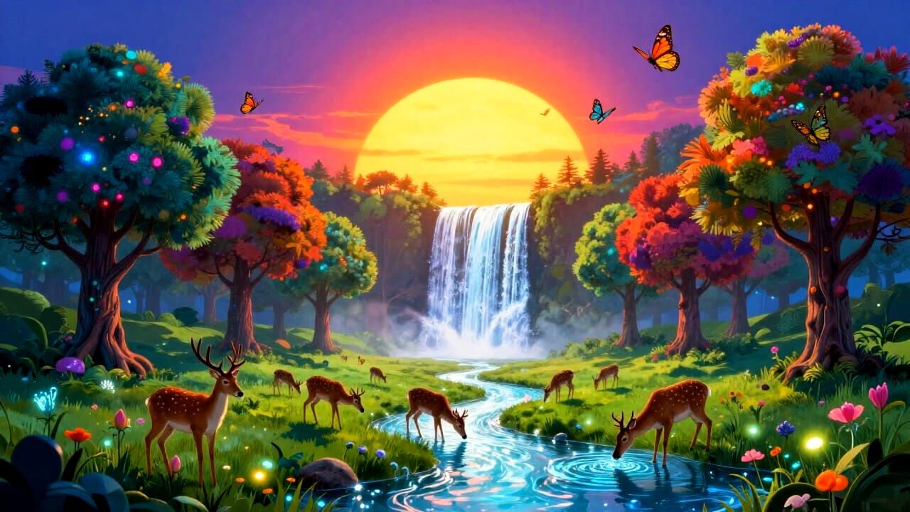 Family Picnic on Sun with Waterfall and Deer