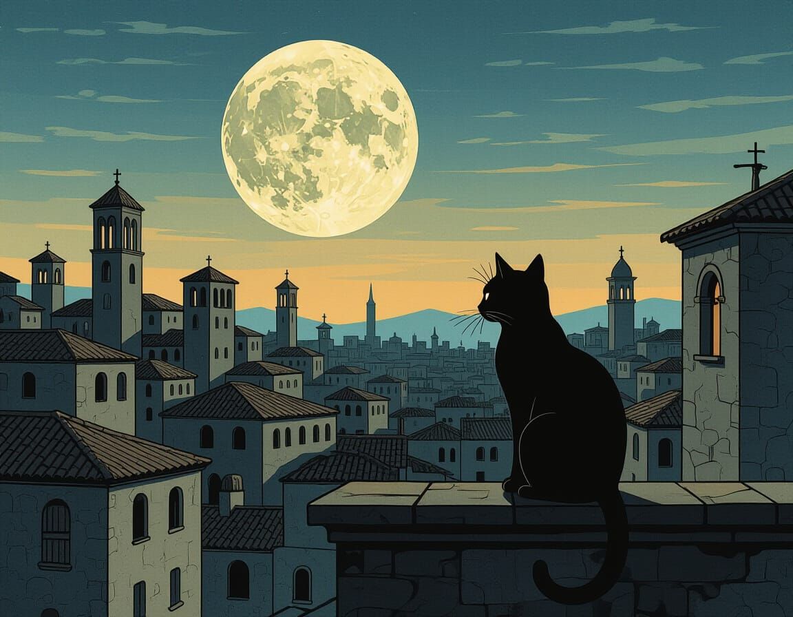 Melancholic Cat on Rooftop Overlooking Deserted Cityscape