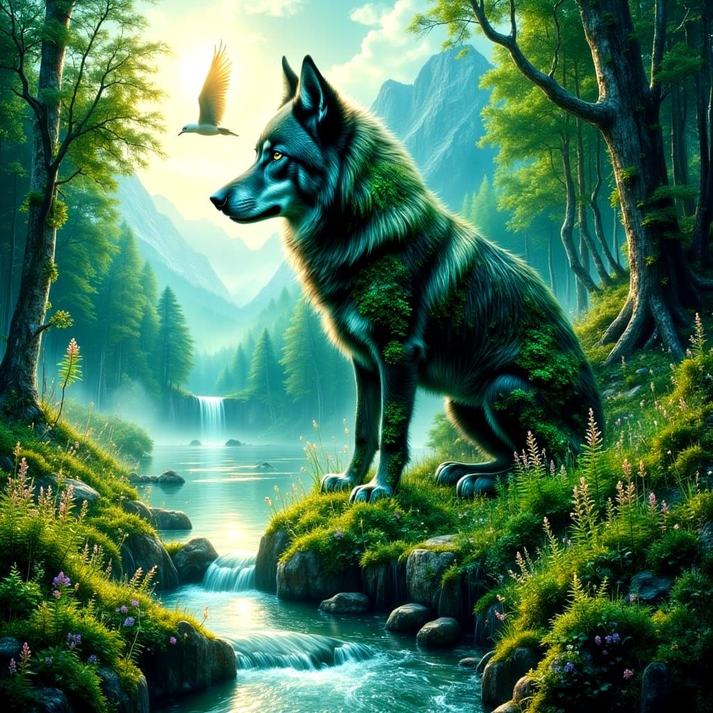 Lush Valley Landscape Forming Black Wolf Portrait