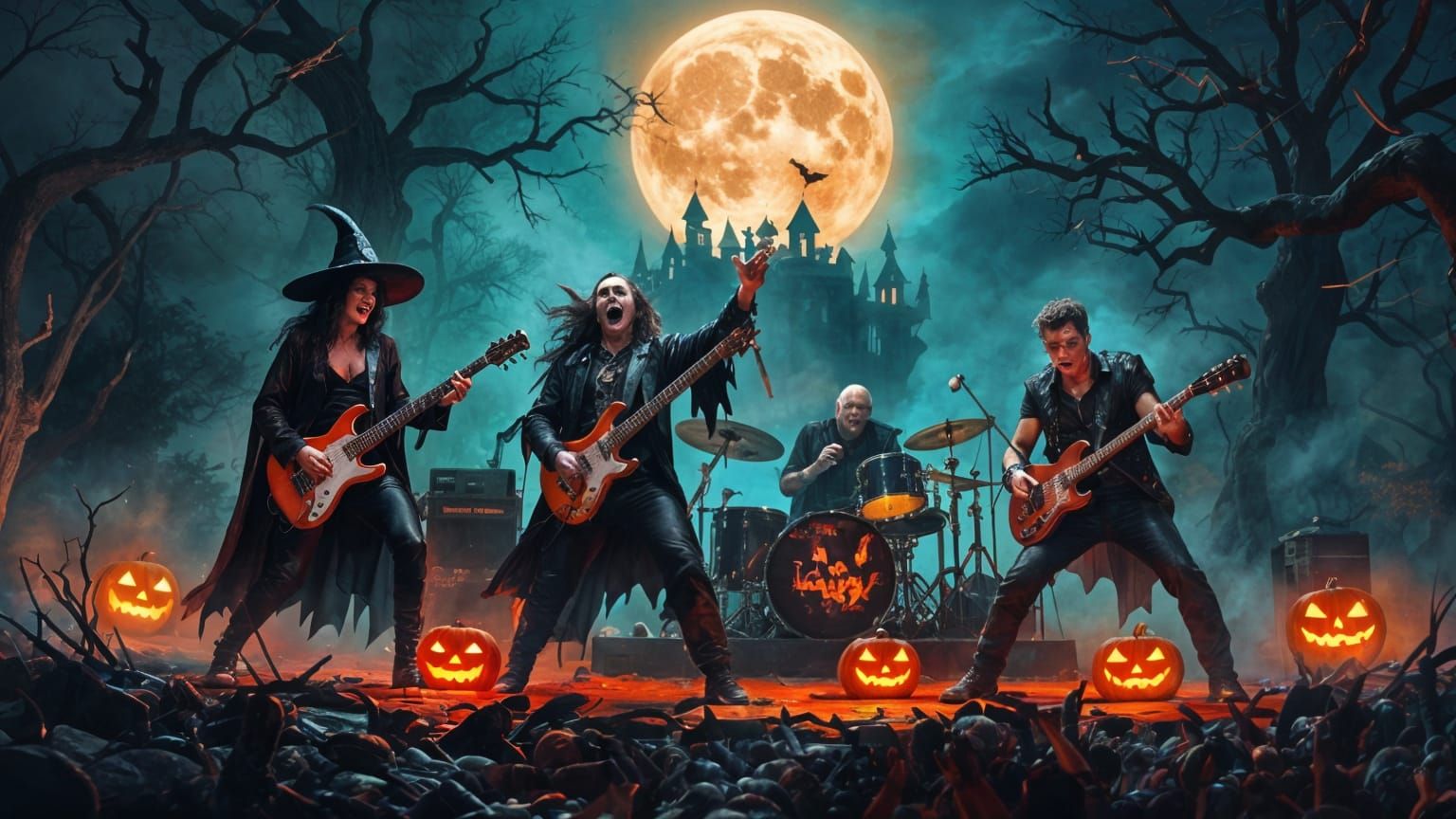 Rock Band Concert in Halloween Costumes