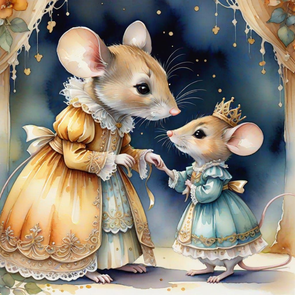 Mouse Bowing to King in Whimsical Watercolor Style