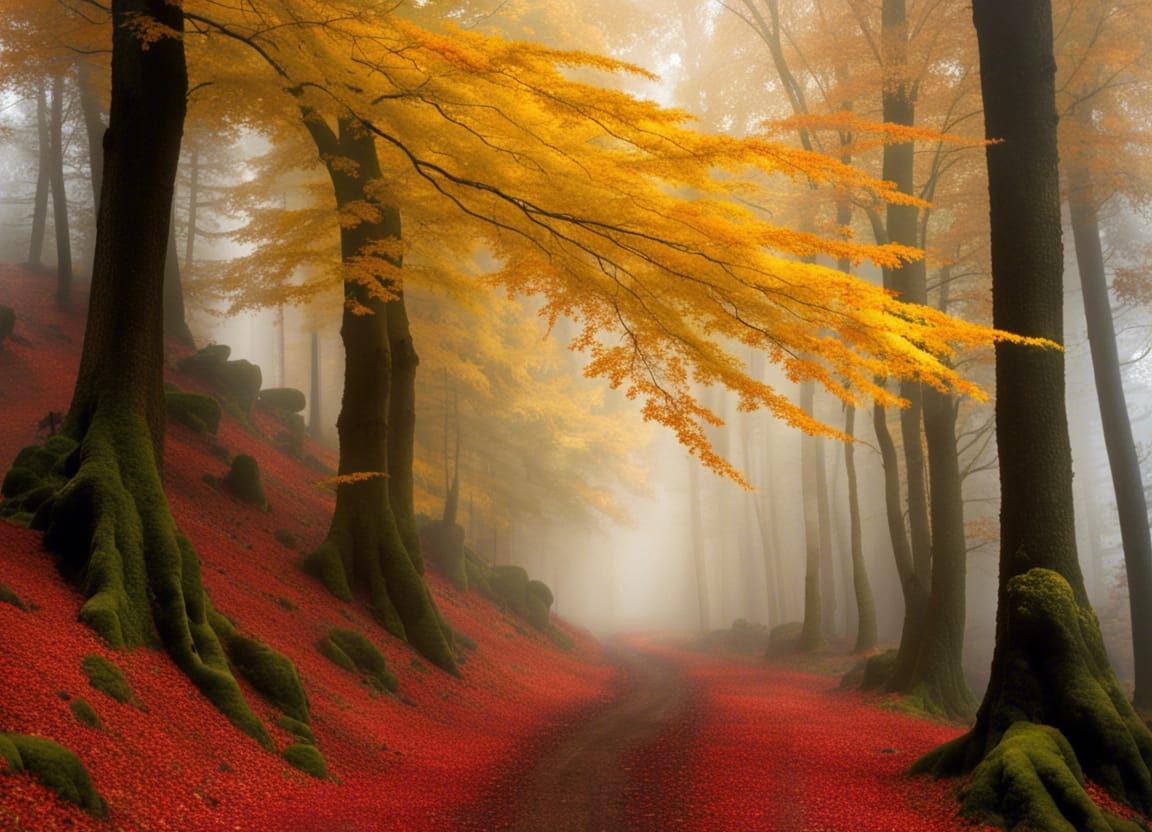 Autumn Beech Forest with Red and Yellow Leaves