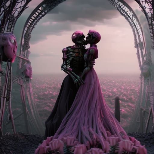 Gothic Skeleton Couple with Purple Roses