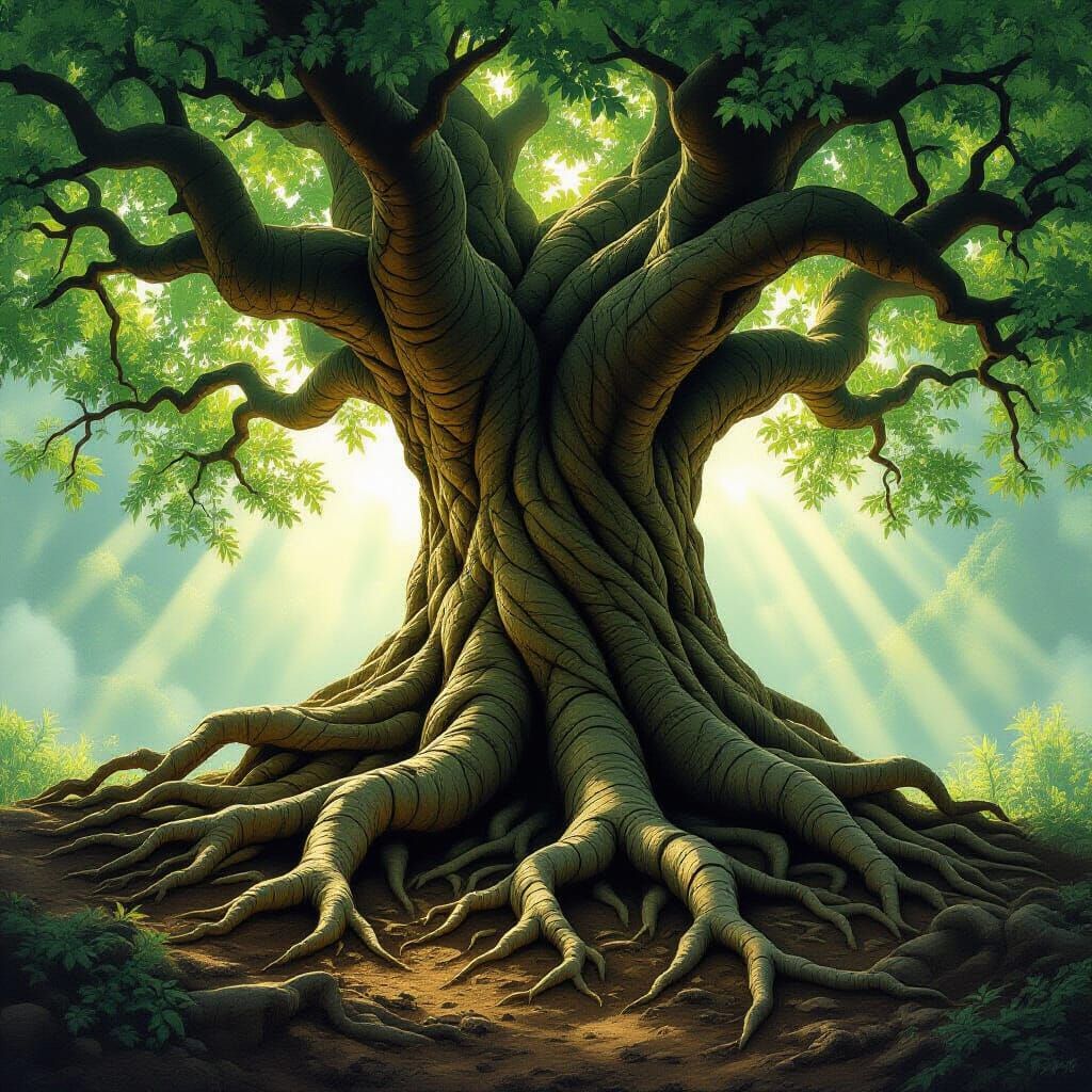 Ancient Tree Roots Erupting from Earth as Digital Painting