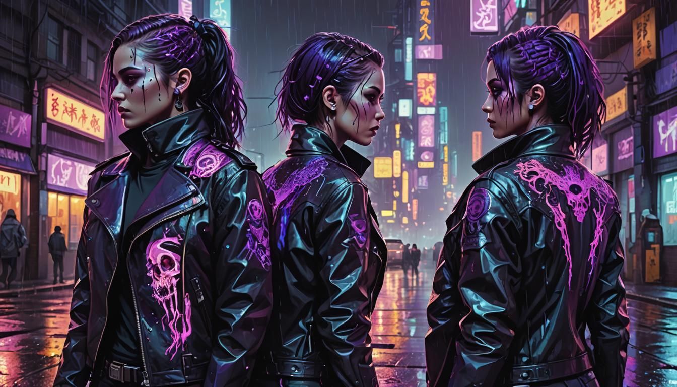 Cyberpunk Women with Neon Auras in Rainy City