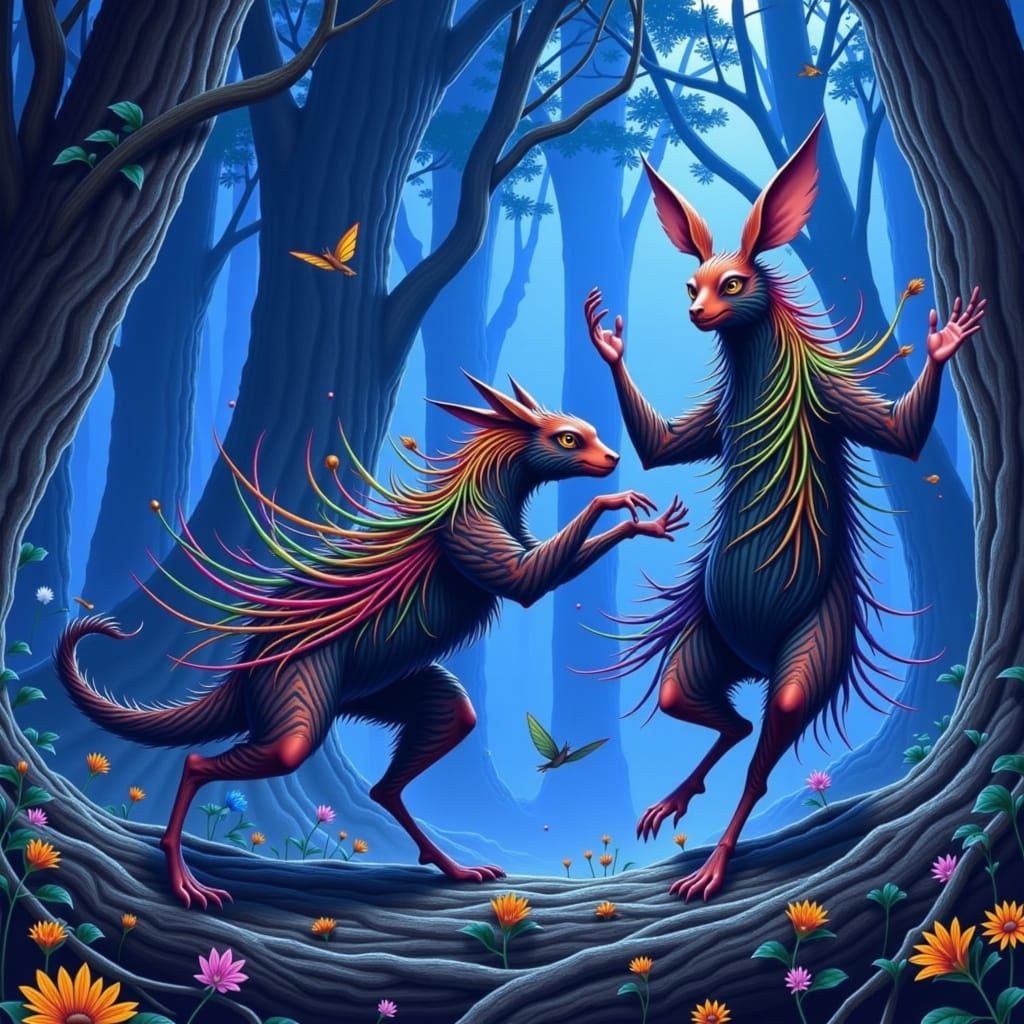 Majestic Creatures Dance in Whimsical Forest